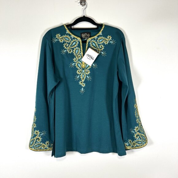 Bob Mackie Wearable Art Top Women's XL Turquoise Stretch Paisley Embroidered NWT - Picture 1 of 9